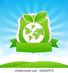 Protection shield and Blue sky cloud sunburst and green field illustration