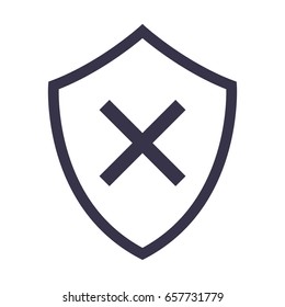 Protection shield with cancellation sign isolated outline flat vector icon. Security glyph outline vector icon.