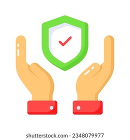 Protection shield with check mark in hands, trendy icon of insurance editable design