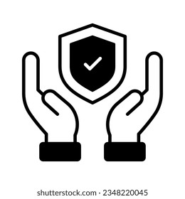 Protection shield with check mark in hands, trendy icon of insurance editable design
