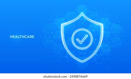 Protection shield with Check mark icon. Healthcare, Medical services. Life insurance symbol. Virus protection. Health care, Medicine. Blue medical background with hexagons. Vector illustration.