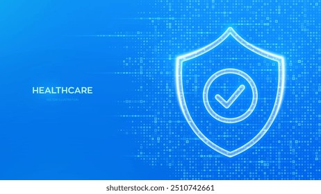 Protection shield with Check mark icon. Healthcare, Medical services. Life insurance. Virus protection. Health care, Medicine. Blue medical background made with cross shape symbol. Vector illustration