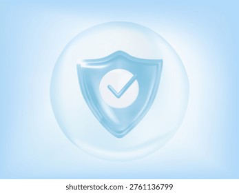 Protection shield with a check mark icon inside a transparent sphere on a blue background, 3D vector illustration. Concept for healthcare insurance, medical safety, data security, and virus protection