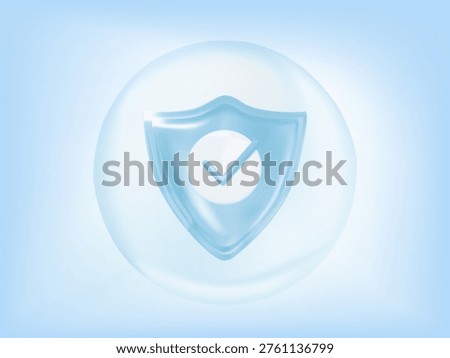 Protection shield with a check mark icon inside a transparent sphere on a blue background, 3D vector illustration. Concept for healthcare insurance, medical safety, data security, and virus protection