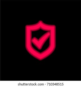 Protection shield with a check mark red glowing neon ui ux icon. Glowing sign logo vector