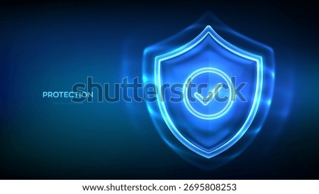 Protection shield with check mark. Transparent glass security shield. Cyber security, healthcare, insurance, defense, guard, safety symbol. Internet privacy, firewall, antivirus. Vector illustration.