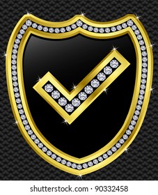 Protection shield with checked mark, golden with diamonds, vector illustration