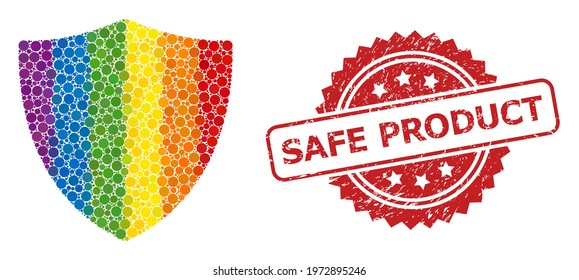 Protection shield collage icon of round dots in different sizes and LGBT colorful shades, and Safe Product corroded rosette stamp seal. A dotted LGBT-colored Protection shield for lesbians, gays,