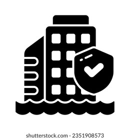 Protection shield with commercial building showing concept icon of building insurance, office insurance