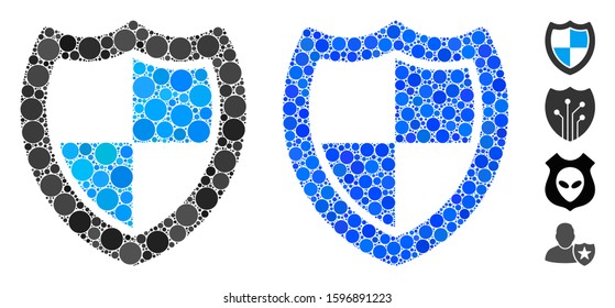 Protection shield composition of small circles in various sizes and color tones, based on protection shield icon. Vector small circles are composed into blue composition.