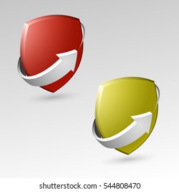 Protection shield concept with arrow. Safety badge icon. Privacy banner. Security label. Defense tag. Presentation sticker shape. Defense sign. Vector illustration