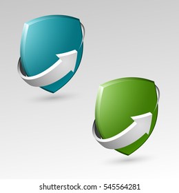 Protection shield concept with arrow. Safety badge icon. Privacy banner. Security label. Defense tag. Presentation sticker shape. Defense sign. Vector illustration