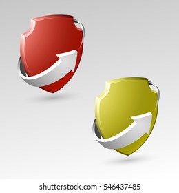 Protection shield concept with arrow. Safety badge icon. Privacy banner. Security label. Defense tag. Presentation sticker shape. Defense sign. Vector illustration
