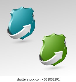 Protection shield concept with arrow. Safety badge icon. Privacy banner. Security label. Defense tag. Presentation sticker shape. Defense sign. Vector illustration