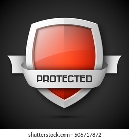 Protection shield concept with banner. Safety badge icon. Privacy banner. Security label. Defense tag. Presentation sticker shape. Defense sign. Vector illustration
