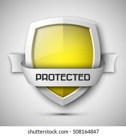 Protection shield concept with banner. Safety badge icon. Privacy banner. Security label. Defense tag. Presentation sticker shape. Defense sign. Vector illustration