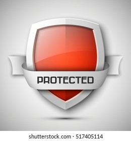 Protection shield concept with banner. Safety badge icon. Privacy banner. Security label. Defense tag. Presentation sticker shape. Defense sign. Vector illustration