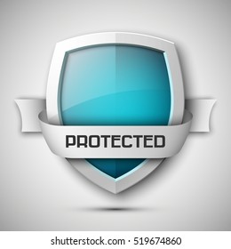 Protection Shield Concept With Banner. Safety Badge Icon. Privacy Banner. Security Label. Presentation Sticker Shape. Defense Sign. Vector Illustration