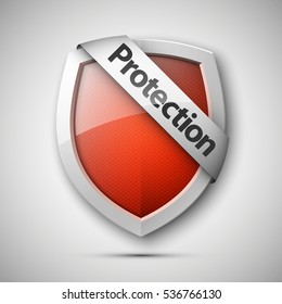 Protection shield concept with banner. Safety badge icon. Privacy banner. Security label. Defense tag. Presentation sticker shape. Defense sign. Vector illustration