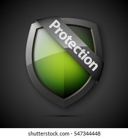Protection shield concept with banner. Safety badge icon. Privacy banner. Security label. Defense tag. Presentation sticker shape. Defense sign. Vector illustration