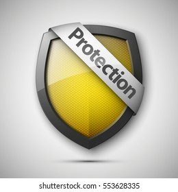 Protection shield concept with banner. Safety badge icon. Privacy banner. Security label. Defense tag. Presentation sticker shape. Defense sign. Vector illustration