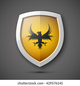 Protection shield concept Coat of arms. Safety badge icon. Privacy banner. Security label. Defense tag. Presentation sticker shape. Defense sign. Vector illustration