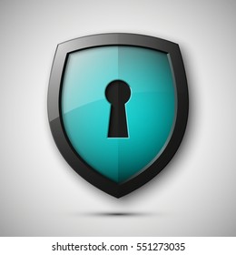 Protection shield concept with keyhole isolated . Safety badge icon. Privacy banner. Security label. Defense tag. Presentation sticker shape. Defense sign. Vector illustration