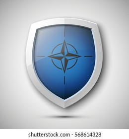 Protection shield concept with star. Safety badge icon. Privacy banner. Security label. Defense tag. Presentation sticker shape. Design shield with the nato flag. Vector illustration