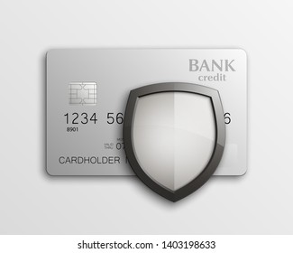 Protection shield Credit card. Safety badge banking icon. Defense safeguard finans icon. Security Plastic card software. Debit card guard electromagnetic chip. Privacy Electronic money funds transfer.