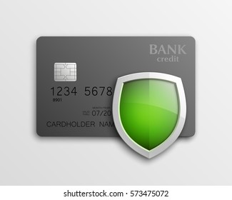 Protection shield Credit card. Safety badge banking icon. Defense safeguard finans icon. Security Plastic card software. Debit card guard electromagnetic chip. Privacy Electronic money funds transfer.