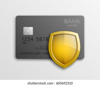 Protection shield Credit card. Safety badge banking icon. Defense safeguard finans icon. Security Plastic card software. Debit card guard electromagnetic chip. Privacy Electronic money funds transfer.