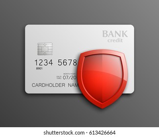 Protection shield Credit card. Safety badge banking icon. Defense safeguard finans icon. Security Plastic card software. Debit card guard electromagnetic chip. Privacy Electronic money funds transfer.