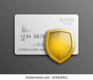 Protection shield Credit card. Safety badge banking icon. Defense safeguard finans icon. Security Plastic card software. Debit card guard electromagnetic chip. Privacy Electronic money funds transfer.