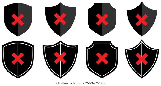 protection shield cross icons set. Protected shield concept. Checkmark and X design symbols for your web site design, logo, app, UI. cross, approved, rejected, yes, no. Design eps 10