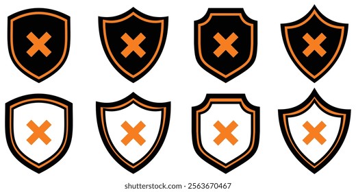 protection shield cross icons set. Protected shield concept. Checkmark and X design symbols for your web site design, logo, app, UI. cross, approved, rejected, yes, no. Design eps 10