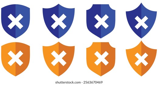 protection shield cross icons set. Protected shield concept. Checkmark and X design symbols for your web site design, logo, app, UI. cross, approved, rejected, yes, no. Design eps 10