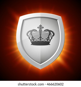 Protection shield with crown concept icon. Safety badge with corona. Privacy diadem banner. Security label. Defense tag. Presentation sticker shape. Vector illustration