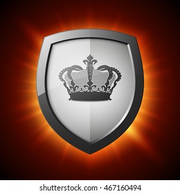 Protection shield with crown concept icon. Safety badge with corona. Privacy diadem banner. Security label. Defense tag. Presentation sticker shape. Vector illustration