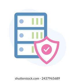 Protection shield with database servers showing concept flat icon of secure server, database security