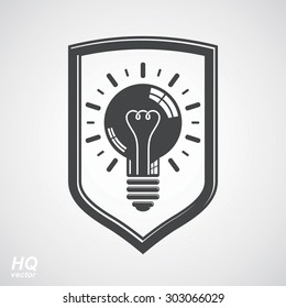 Protection shield with electricity light bulb symbol. Vector brain storm conceptual icon, problem solution theme. Business idea design element. Graphic web insight emblem.