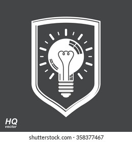Protection shield with electricity light bulb symbol. Vector brain storm conceptual icon, corporate problem solution theme. Business idea design element. Graphic web insight emblem.