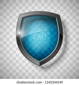 Protection shield encoded fingerprint icon. Safety finger scan concept badge. Privacy dactylogram banner. Security defense label. Presentation sticker shape. Biometric identification systems of human