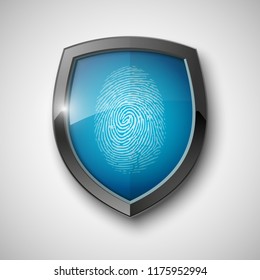 Protection shield encoded fingerprint icon. Safety finger scan concept badge. Privacy dactylogram banner. Security defense label. Presentation sticker shape. Biometric identification systems of human