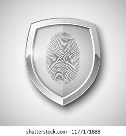 Protection shield encoded fingerprint icon. Safety finger scan concept badge. Privacy dactylogram banner. Security defense label. Presentation sticker shape. Biometric identification systems of human