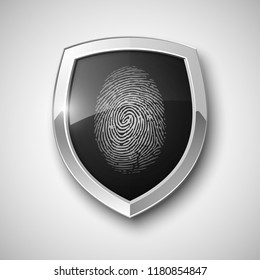 Protection shield encoded fingerprint icon. Safety finger scan concept badge. Privacy dactylogram banner. Security defense label. Presentation sticker shape. Biometric identification systems of human