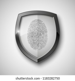 Protection shield encoded fingerprint icon. Safety finger scan concept badge. Privacy dactylogram banner. Security defense label. Presentation sticker shape. Biometric identification systems of human