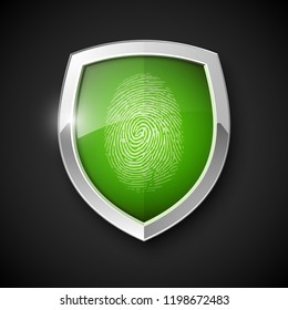 Protection shield encoded fingerprint icon. Safety finger scan concept badge. Privacy dactylogram banner. Security defense label. Presentation sticker shape. Biometric identification systems of human