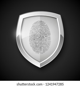 Protection shield encoded fingerprint icon. Safety finger scan concept badge. Privacy dactylogram banner. Security defense label. Presentation sticker shape. Biometric identification systems of human