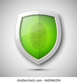 Protection shield encoded fingerprint icon. Safety finger scan concept badge. Privacy banner. Vector Security label. Defense tag. Presentation sticker shape. Biometric identification systems of human