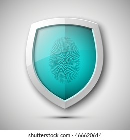Protection shield encoded fingerprint icon. Safety finger scan concept badge. Privacy banner. Vector Security label. Defense tag. Presentation sticker shape. Biometric identification systems of human